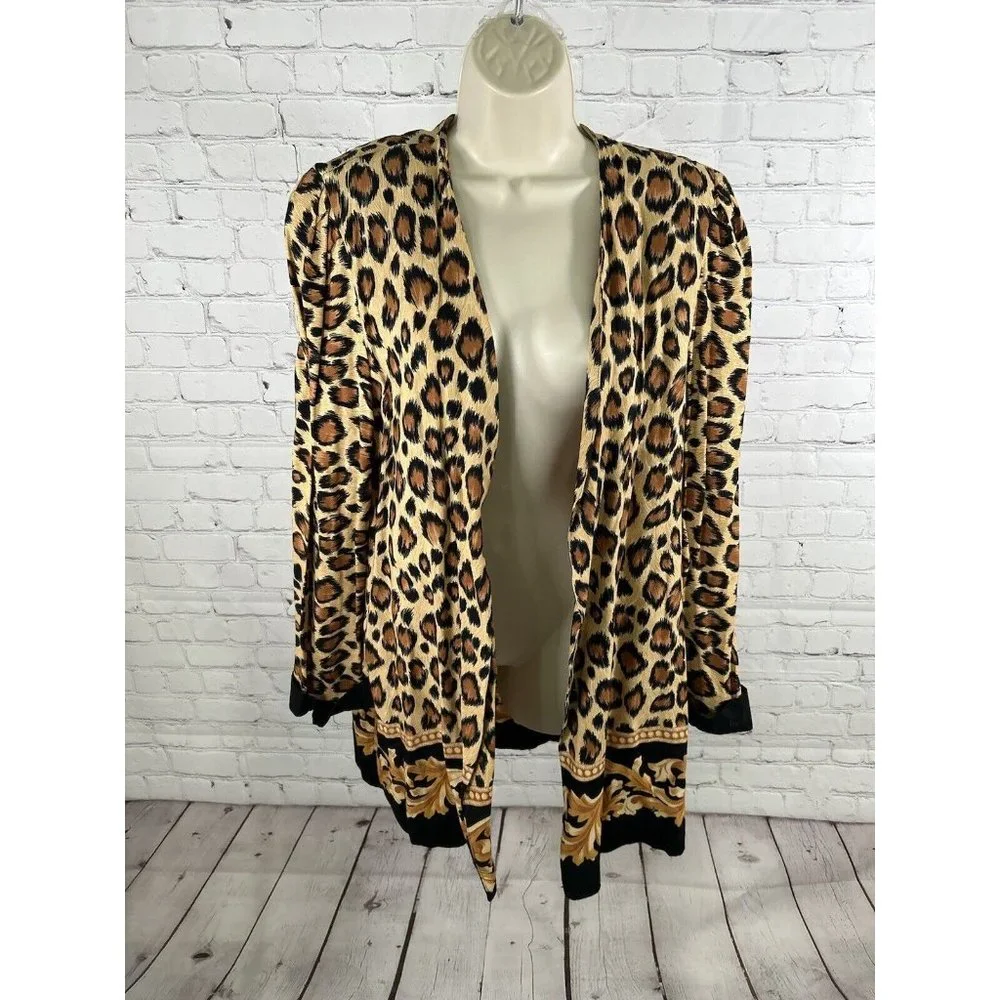 VTG Periwinkle Cheetah Print Shoulder Pad Open Front Long Sleeve Cardigan USA 18